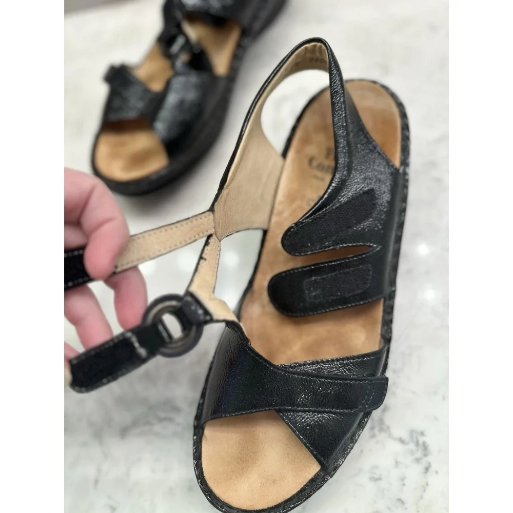 Finn Comfort Adana Dress Sandal Womens 9.5 US/7.5 UK Black‎ Patent Leather Wedge